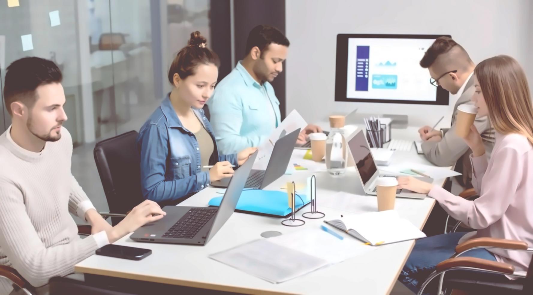 Bureau moderne avec documents financiers et calculatrices
